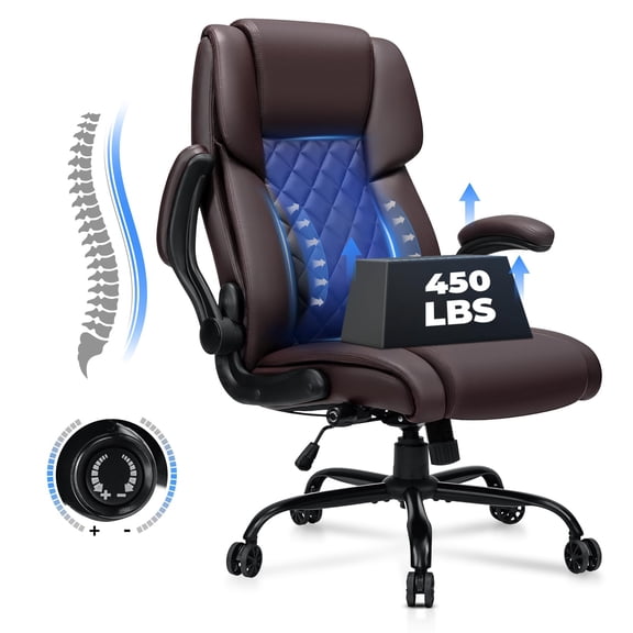 Big and Tall Executive Office Chair Heavy Duty 450lbs Capacity with Adjustable Lumbar Support High Back Leather Desk Chair for Home and Office, Brown
