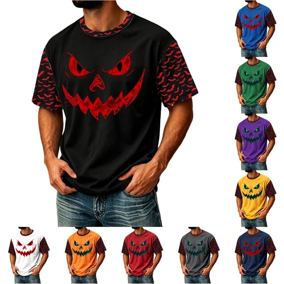 Big and Tall Halloween Tshirt for Men Casual Pumpkin Print Tee for Wear with Short Sleeves and Halloween Graphic Top Men’s T Shirt Black XL