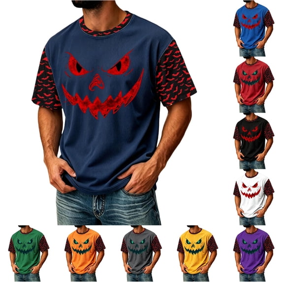 Big and Tall Halloween Tshirt for Men Casual Pumpkin Print Tee for Wear with Short Sleeves and Halloween Graphic Top Men’s T Shirt Navy L