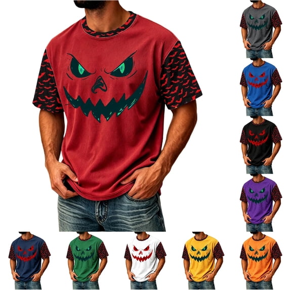 Big and Tall Halloween Tshirt for Men Casual Pumpkin Print Tee for Wear with Short Sleeves and Halloween Graphic Top Men’s T Shirt Red 5XL