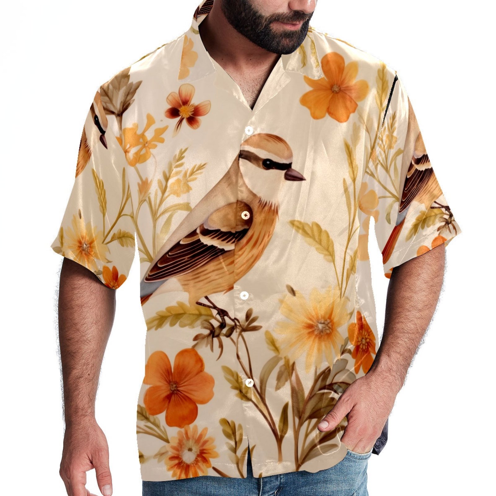 Big and Tall Hawaiian Shirts for Men Women，Orange Floral Bird Tropical Beach Casual Button Down