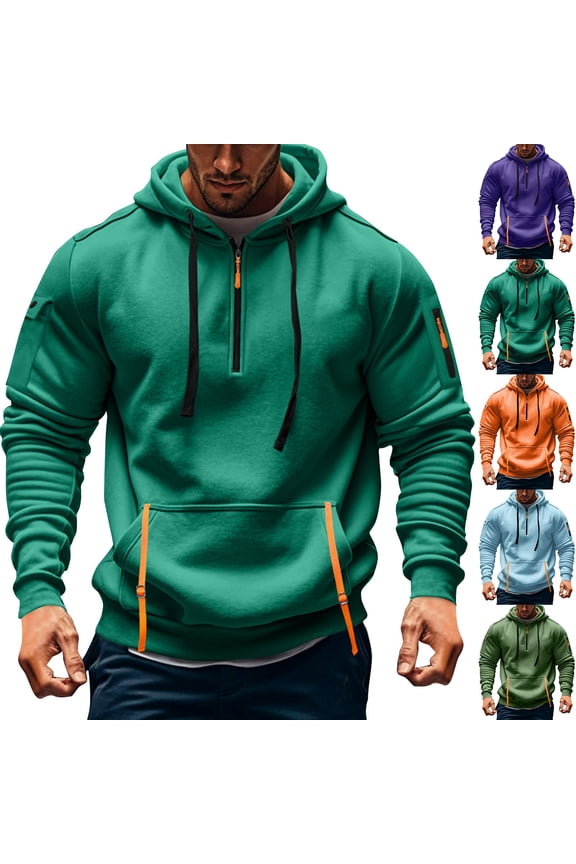Big and Tall Hoodies for Men Quarter Zip up Tactical Pullover Fall Winter Hooded Sweatshirt with Pockets Light Blue L