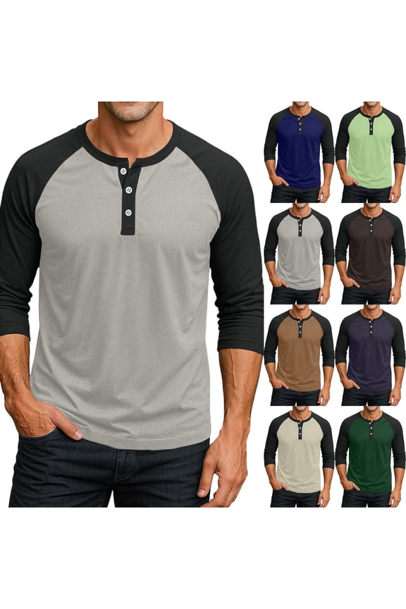 Big and Tall Men 3/4 Sleeve Henley Shirt Raglan Style Button Down Casual Sport Jersey Top Navy M