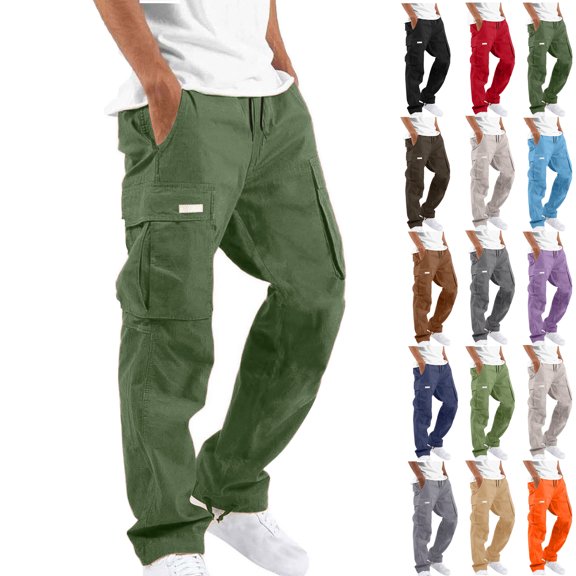 Big and Tall Men's Cargo Pants Solid Casual Multiple Pockets Outdoor Straight Type Fitness Pants Cargo Pants Trousers Army Green M