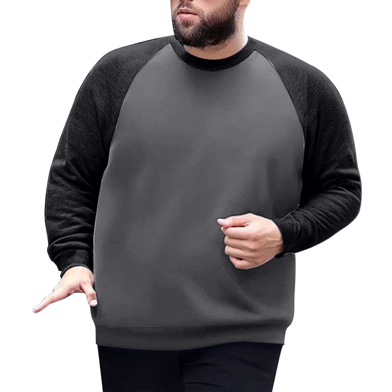 Plus Size Men's Black Fleece Lined Thick Warm Crew Neck T-Shirt, Long Sleeve Pullover Top