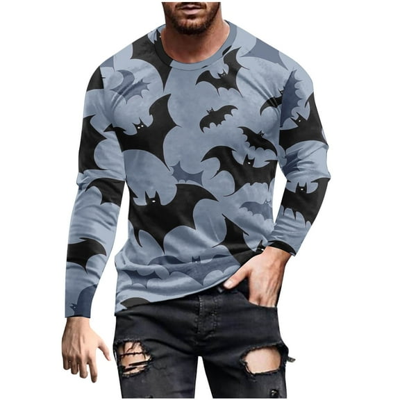 Big and Tall Men's Halloween Shirts 2024 Funny Bat Print T-shirt Crew Neck Casual Plus Size Fall Pullover Tops Long Sleeve