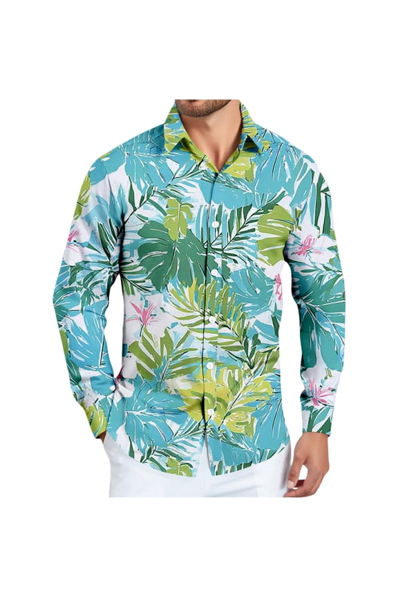 Big and Tall Men's Hawaiian Shirts Sunset Print Long Sleeve Button Down Summer Shirt Tropical Vacation Beach Shirts