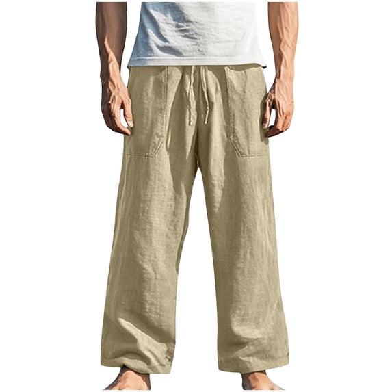 Big and Tall Mens Cotton Linen Pants Lightweight Breathable Drawstring Elastic Waist Trousers Fathers Gift S-5XL