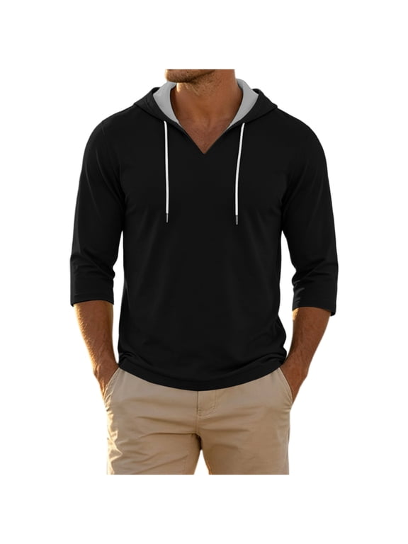 Big and Tall Mens Hoodie 3/4 Sleeve Casual Thin Workout Shirts Sport Athletic Pullover