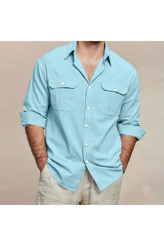 Big and Tall Mens Shirts with Pockets Plus Size M-5X Cotton Linen Tshirts Shirt Long Sleeve Button-Down Collared Lightweight Solid T-Shirts Tops