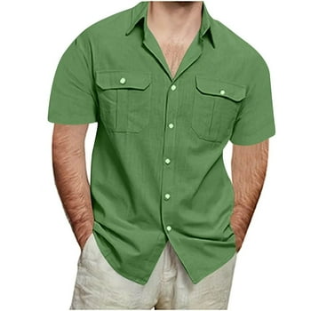 Big and Tall Mens Shirts with Pockets Short Sleeve M-5X Plus Size Cotton Linen T-Shirts Button-Down Collared Solid Beach Tshirts Shirt