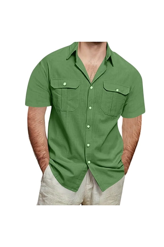Big and Tall Mens Shirts with Pockets Short Sleeve M-5X Plus Size Cotton Linen T-Shirts Button-Down Collared Solid Beach Tshirts Shirt