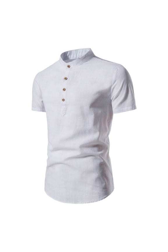 Big and Tall Mens Standing Collar Button Up Short Sleeve Shirt Top Linen Slim Fift Fathers Day Gift