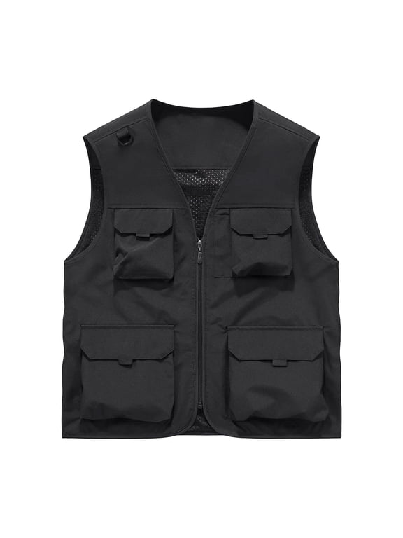 Big and Tall Multi-Pockets Mens Jacket Sleeveless Zip V-Neck Fishing Shirt Top Coat Dad Gifts S-6XL