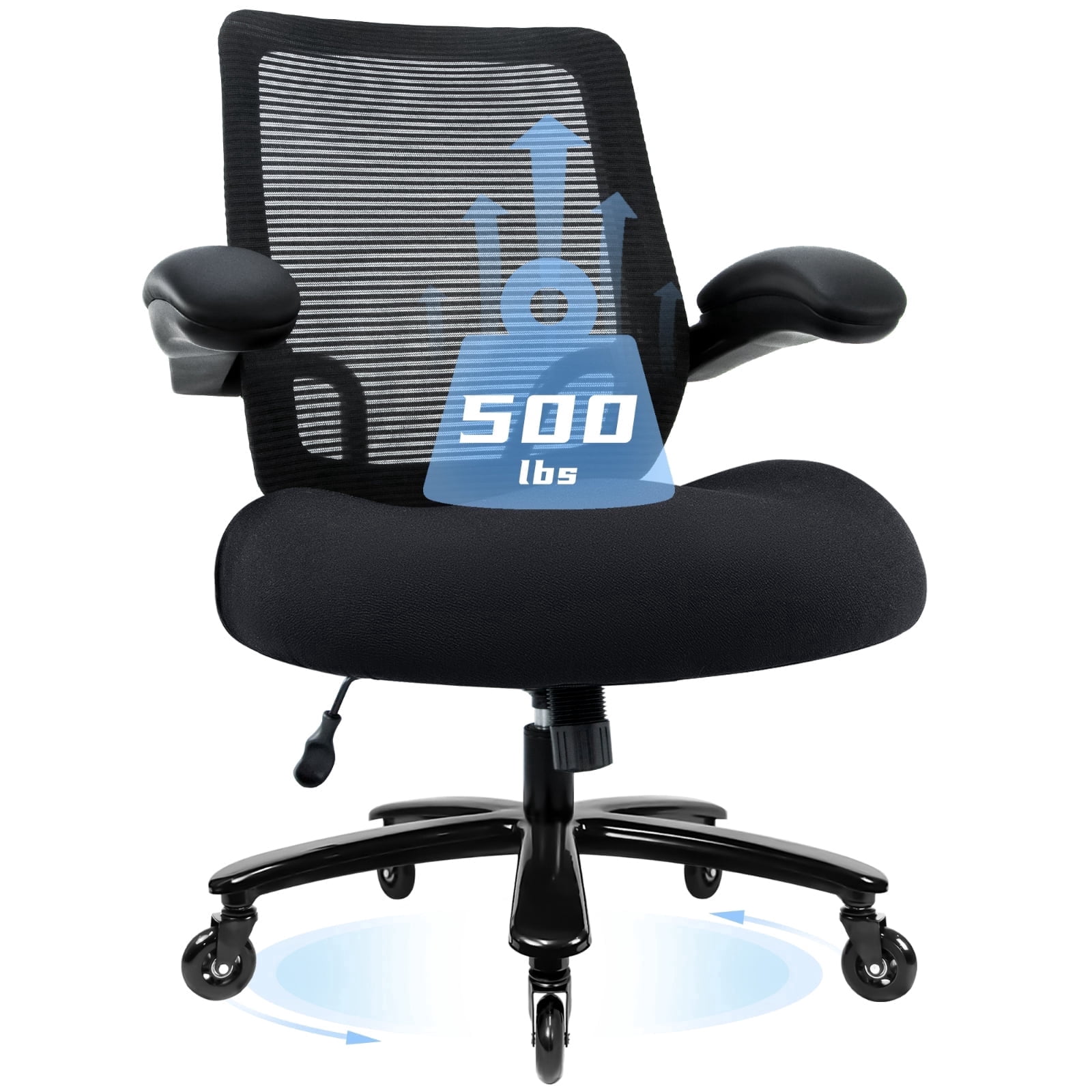 Big and Tall Office Chair 500 lbs, Heavy Duty Ergonomic Mesh Computer Chair with Wide Seat, Flip-up Armrests, Metal Base and Blade Wheels, Black