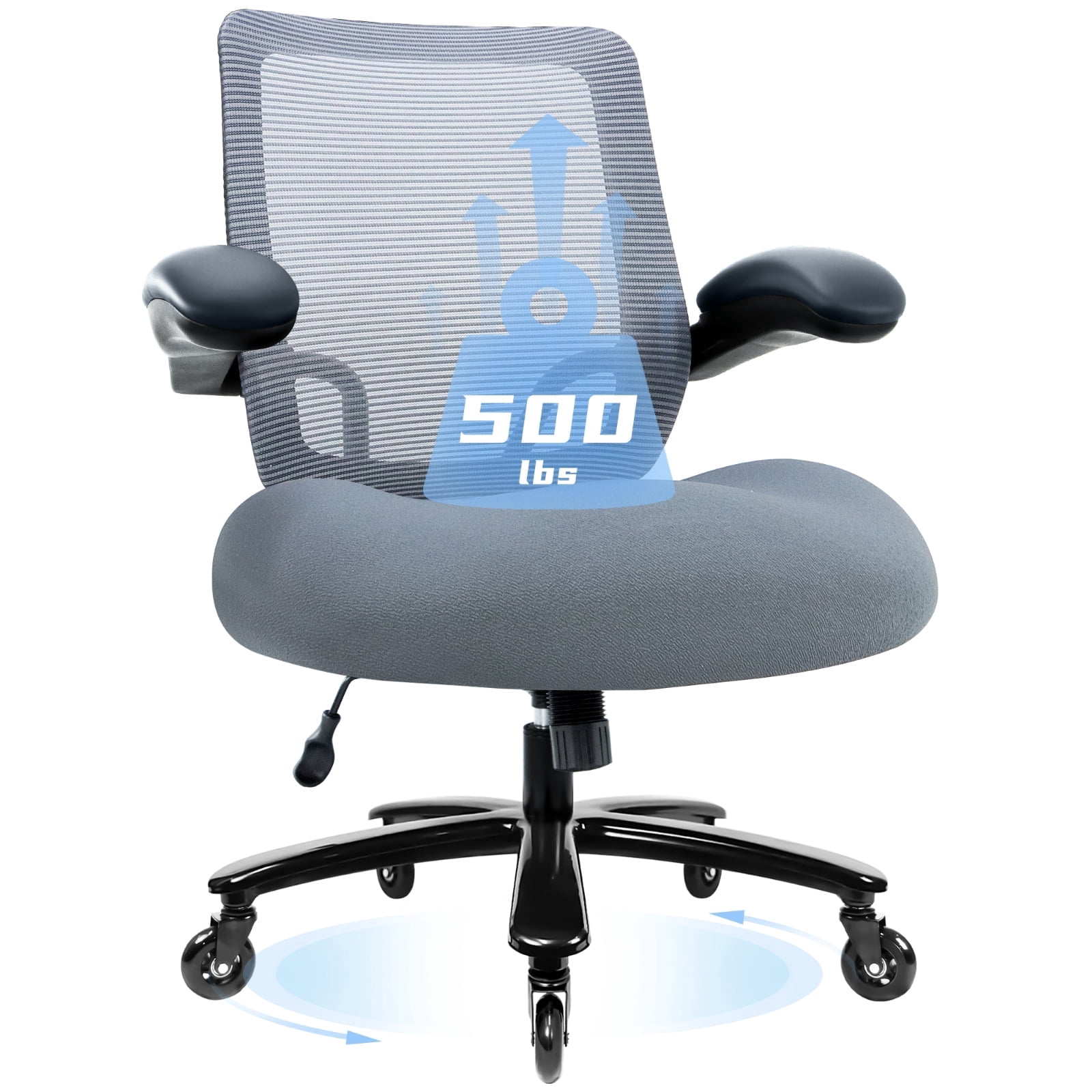 Big and Tall Office Chair 500 lbs, Heavy Duty Ergonomic Mesh Computer Chair with Wide Seat, Flip-up Armrests, Metal Base and Blade Wheels, Gray