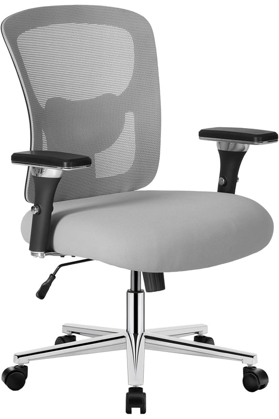 Big and Tall Office Desk with Lumbar Support, 500lbs Heavy Duty Mesh Ergonomic Computer with 4D Armrest and Wide Comfy Seat, Wheels for Adult, Grey