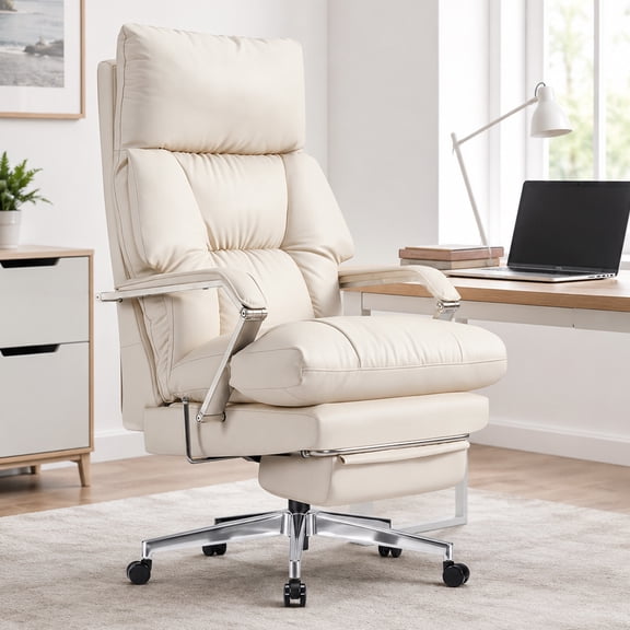 OKUP Executive Reclining Office Chair with Footrest, Microfiber Leather 160° Recline, Cream, Big and Tall 420lbs