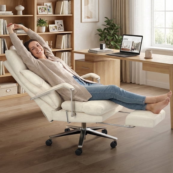 OKUP Executive Reclining Office Chair with Footrest, Microfiber Leather 160° Recline, Cream, Big and Tall 420lbs