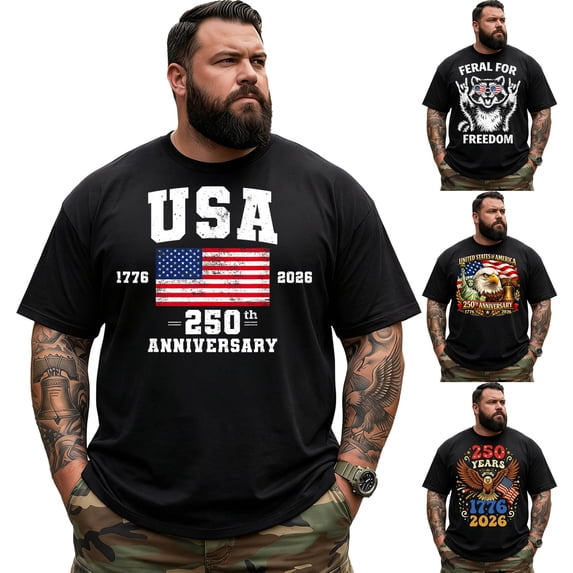 Big and Tall Shirt for Men America 250 Patriotic USA Flag 1776 2026 Graphic Cotton Tee 3XL T0 5KXL W05