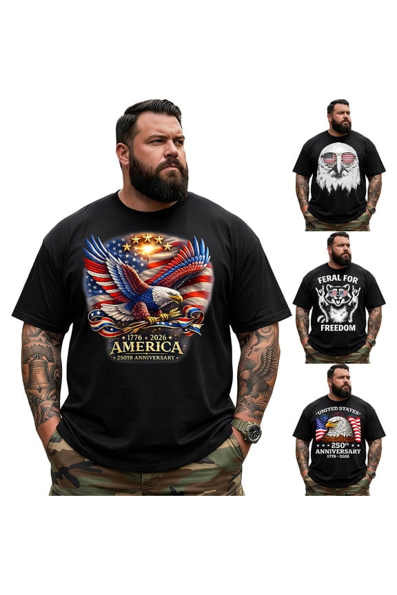 Big and Tall Shirt for Men America 250 Patriotic USA Flag 1776 2026 Graphic Cotton Tee 5XLT T0 5KXL W62