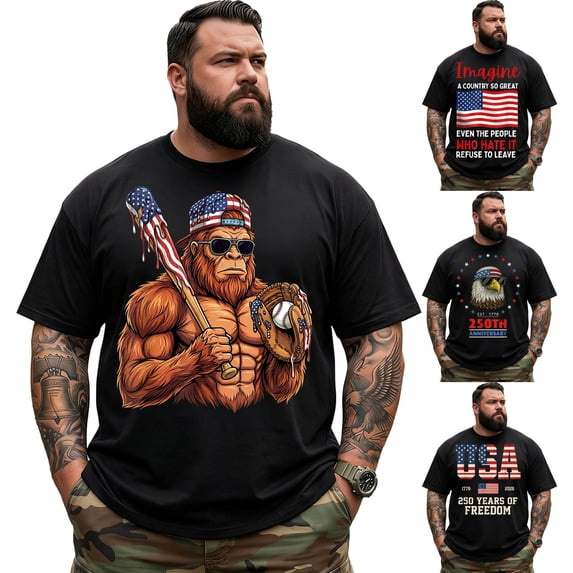 Big and Tall Shirt for Men America 250 Patriotic USA Flag 1776 2026 Graphic Cotton Tee 5XLT T0 5KXL W71