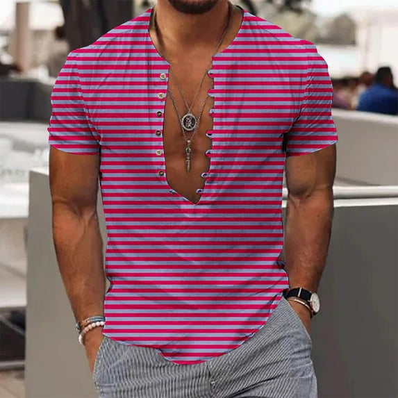 Big and Tall Stripe Shirts for Men S-5XL Plus Size Short Sleeve Tshirts Button V Neck Pullover Lightweight Going Out Loungewear Tees Tops