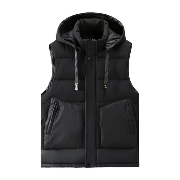 Big and Tall Winter Warm Vest Full Zipper Sleeveless Mens Quilted Puffer Jackets with Detachable Hood Black, 5XL