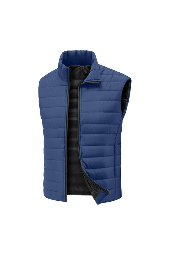 Big and Tall Zipper Jacket Cotton Quilted Puffer Vest for Mens Sleeveless Winter Warm Outerwear Zip-Up Coat Blue, XL