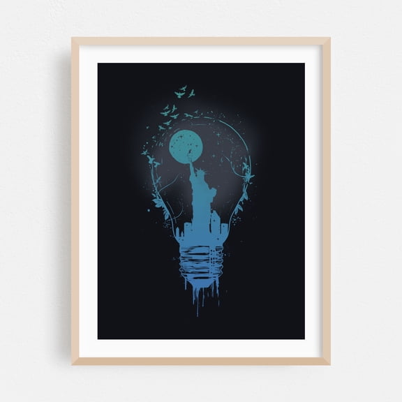 Big city lights - Illustration Surrealism Silhouette Cityscape Skyline Moon Abstract Modern Art Oak Framed Wall Art Print 9 x 12 inches