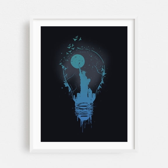 Big city lights - Illustration Surrealism Silhouette Cityscape Skyline Moon Abstract Modern Art White Framed Wall Art Print 5 x 7 inches