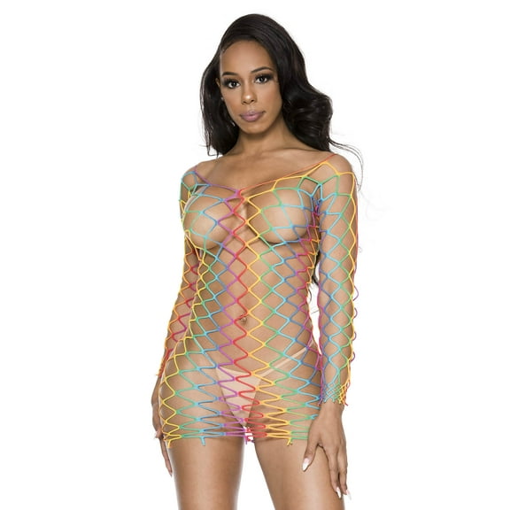 Big diamond net rainbow mini with long sleeves and a scoop neck 60116-RAINBOW