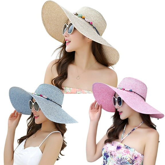 Big edge straw hat ladies summer sun hat sunscreen seaside all-match beach hat travel foldable sun hat/Pink