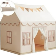 Big kids tent theater basic fabric with starlight, flag and tote bag, playing tent indoors and outdoors, washingable teepee tent for boys and girls, playing house for toddlers, neutral colors