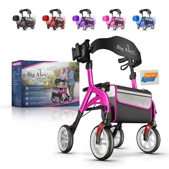 BigAlex Foldable Rollator Walker with Seat, 10-Inch Wheels, Adjustable, Pink