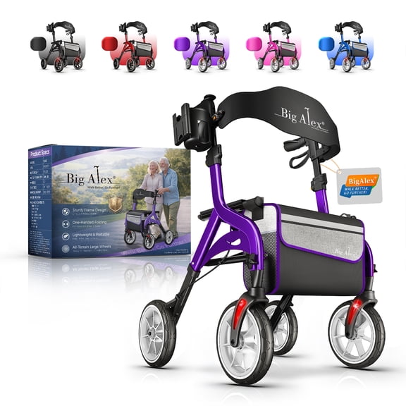 BigAlex Foldable Rollator Walker with Seat, 10-Inch Wheels, Adjustable, Purple