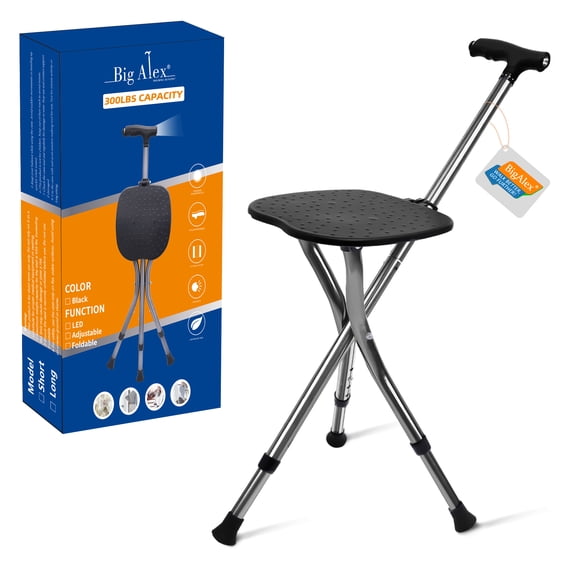 BigAlex Folding Cane with Seat and LED Light, Adjustable Aluminum Walking Cane Chair with Non-Slip Base, Lightweight Cane Chair for Seniors and Adults