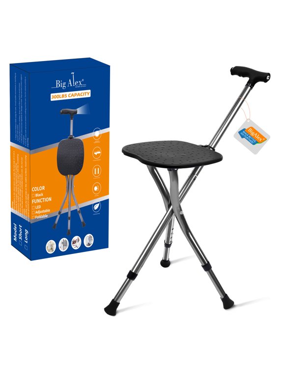 Folding Cane with Seat and LED Light, Adjustable Aluminum Walking Cane Chair with Non-Slip Base, Lightweight Cane Chair for Seniors and Adults