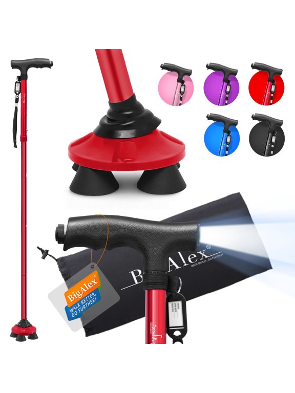 Folding Cane with LED Light, Pivoting Quad Base, Adjustable Lightweight Walking Cane with Carrying Bag for Seniors, Men and Women