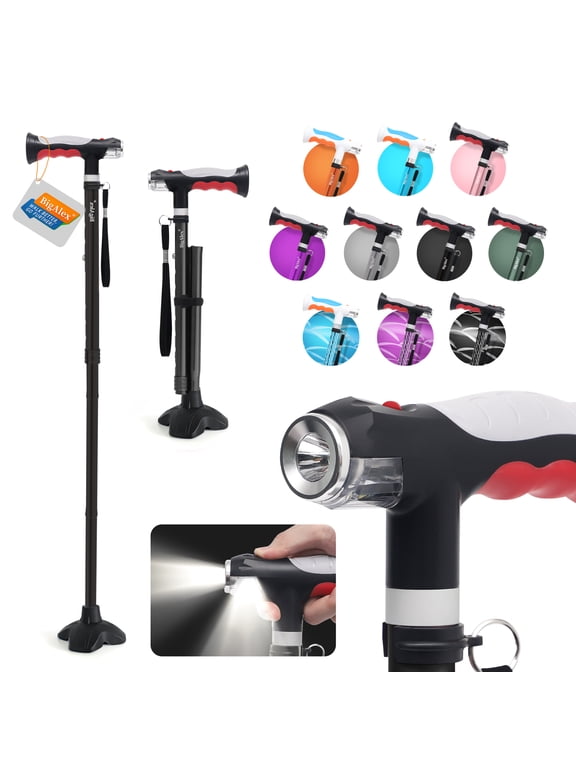 Folding Walking Cane with Dual LED Lights, Adjustable Height Lightweight Walking Stick with Stable Rubber Base and Carrying Bag for Men Women and Seniors
