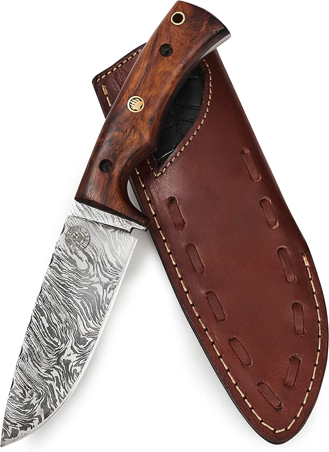 BigCat Roar Hunter's Skinner Damascus buck knife with sheath 4.5" Serrated hunting knife