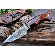 BigCat Roar Predator Hunter Olive Damascus buck knife with sheath - 4.8" Drop-point hunting knife - Brown EDC knives for men