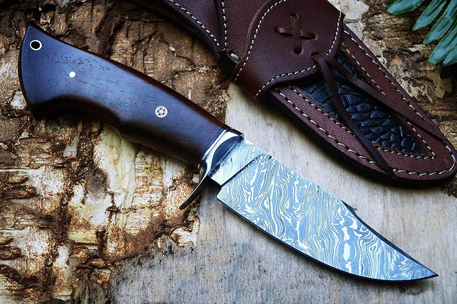 BigCat Roar Rabbit Hunter Damascus Buck Knife with Sheath 4.8" Fixed