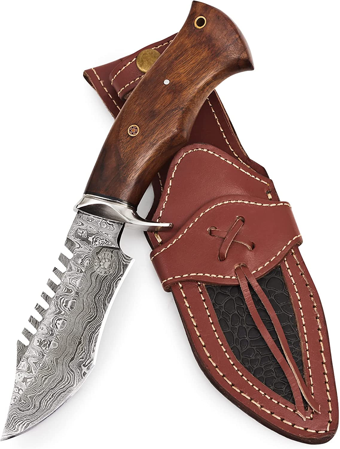 BigCat Roar Viper Hunter Damascus buck knife with sheath 5" Serrated hunting knife Brown EDC