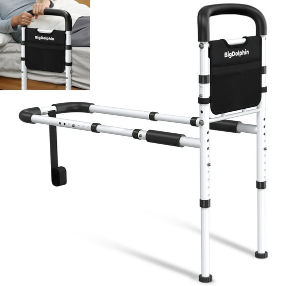BigDolphin Bed Rails for Seniors - Adjustable Bed Cane Supports 350LBS with Non-Slip Grip & Storage Pocket, Stable Bed Rails for Elderly Adults Safety, Tool-Free