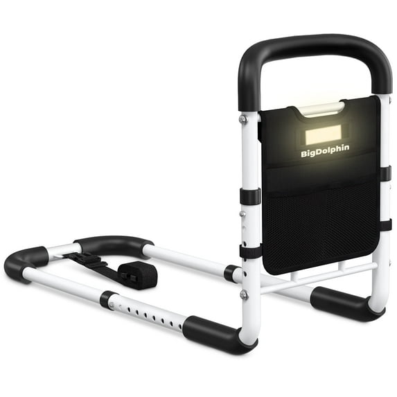 BigDolphin Bed Rails for Elderly Adults, Adjustable Bed Cane with Motion Sensor Light, Non-Slip Grip & Storage Pocket, Bed Railings for Seniors Support 350 LBS, Tool-Free