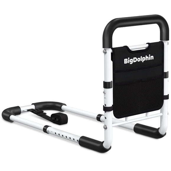 BigDolphin Bed Rails for Seniors - Adjustable Bed Cane with Non-Slip Ergonomic Handle & Storage Pocket, Bed Rails for Elderly Adults Support 350 LBS, Tool-Free
