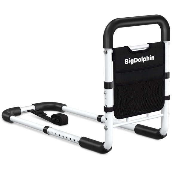 BigDolphin Bed Rails for Seniors - Adjustable Bed Cane with Non-Slip Ergonomic Handle & Storage Pocket, Bed Rails for Elderly Adults Support 350 LBS, Tool-Free