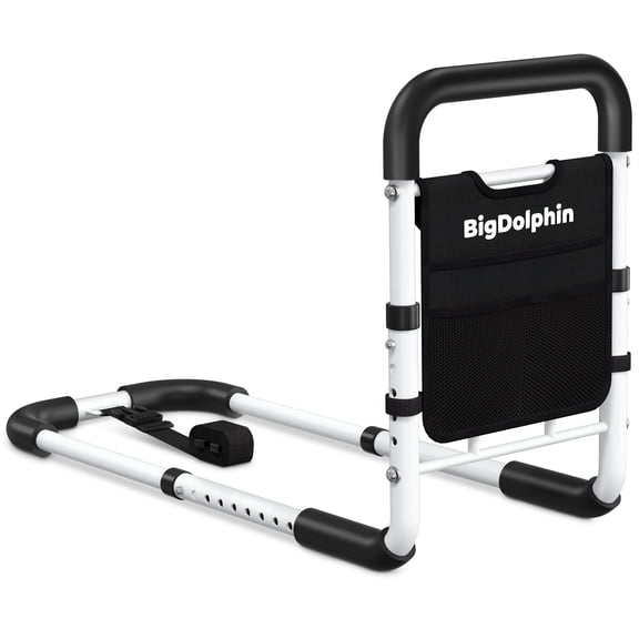 BigDolphin Bed Rails for Seniors - Adjustable Bed Cane with Non-Slip Ergonomic Handle & Storage Pocket, Bed Rails for Elderly Adults Support 350 LBS, Tool-Free