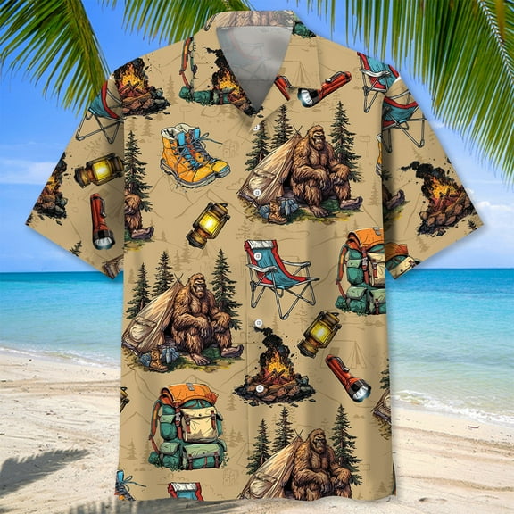 BigFoot Camping Vintage Hawaiian Shirt, Sasquatch Outdoor Tee